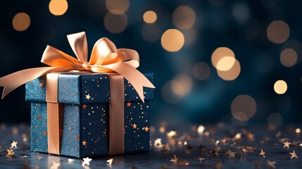 a blue gift box with a gold bow - obrazy, fototapety, plakaty