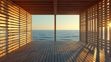 Golden hour brilliance through wooden slats at an ocean lookout on a secluded beach. - obrazy, fototapety, plakaty