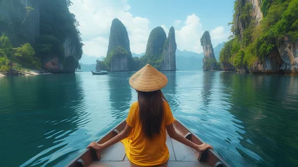 Fototapeten traveler woman in a longtail boat at Khao Sok Lake Thailand Asia, Asian woman in a boat at the lake with limestone cliffs © Fokke Baarssen