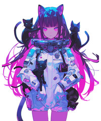 A striking anime illustration of a girl with cat ears, clad in a detailed space suit, surrounded by playful kittens against a soft purple background, invoking a sense of whimsy and sci-fi fantasy.
