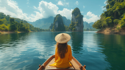 traveler woman with bamboo hat in a longtail boat at Khao Sok Lake Thailand Asia, Asian woman in a boat at the lake with limestone cliffs