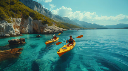 a couple of men and woman paddle a kayak on the sea. Kayaking on island during vacation