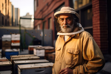 Fototapeta premium Lonely and Sad: One Elderly Caucasian Man with Graying Beard, Wrinkled Face, and Serious Expression, Looking Cold and Dirty, on the Street in a City Background.