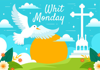 Whit Monday Vector Illustration with a Pigeon or Dove for Christian Community Holiday of the Holy Spirit in Flat Cartoon Background Design