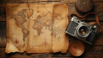 Fototapeta na wymiar top view of a old vintage world map with a retro camera, travel planning concept, travel background