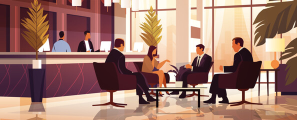 businesspeople discussing during meeting in hotel lobby business people sitting near reception desk