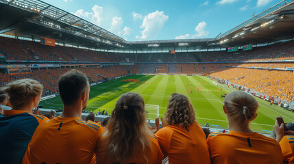 supporters of the Dutch football team in a football stadium, supporters of the Netherlands in a stadium, fans at a soccer game, European Championship or world cup concept, crowd of people in stadium