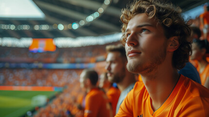 supporters of the Dutch football team in a football stadium, supporters of the Netherlands in a stadium, fans at a soccer game, European Championship or world cup concept