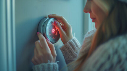 A woman sets the thermostat at the house, inflation high gas prices concept - obrazy, fototapety, plakaty