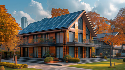 solar panels on the roof at sunset in Autumn, solar panels on the roof, solar panels on the roof against a sunny sky Close up of new modern building with solar panels - obrazy, fototapety, plakaty