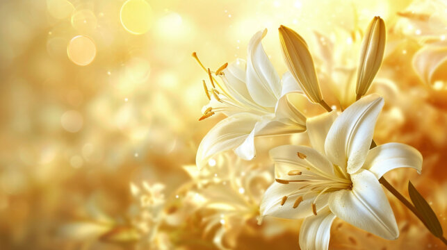 A pair of pristine white lilies surrounded by a soft golden glow representing the purity and innocence embodied by angels.