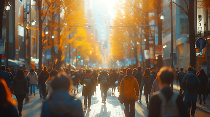 Fototapeta na wymiar blurred crow of people in the city at sunset, group of people walking in a bussy street at autumn