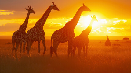 A group of giraffes graze peacefully as the sun sets behind them casting a orange tint on their spots.