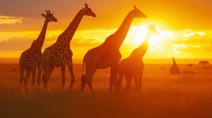 Gordijnen A group of giraffes graze peacefully as the sun sets behind them casting a orange tint on their spots. © Justlight