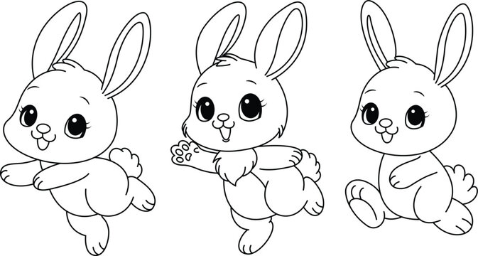 Set of cute bunny coloring page. Easter colouring book for kids