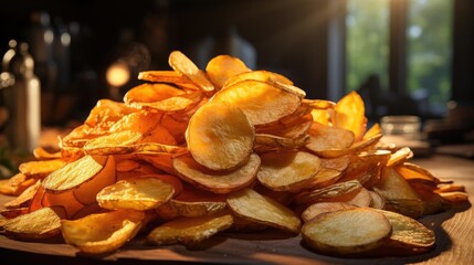 Potato Chips with a sprinkling of savory salty spices on a wooden table with a blurred background