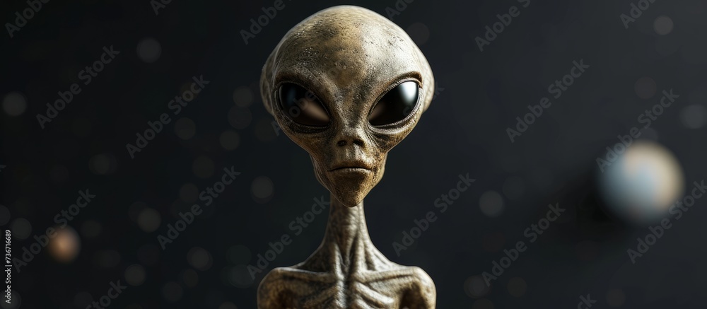 Poster an alien is standing in front of a planet in space . high quality