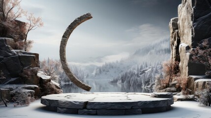 Fototapeta premium podium product stand or display with rock, snow, sky background and cinematic light