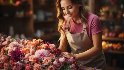 Florist's hands skillfully arranging a variety of colorful fresh flowers