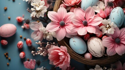 beautiful easter day background concept with pink eggs and flowers