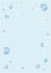 涼しげなシャボン玉の水色背景フレームイラスト（タテ）