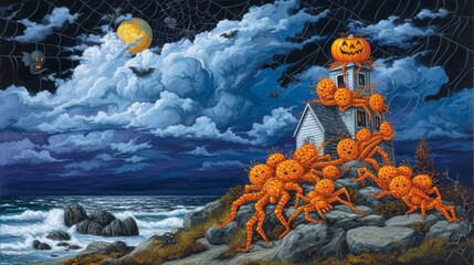 Obraz na płótnie Canvas Spooky Halloween Scene with Pumpkin Head Spiders