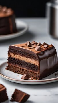 Photo Of Homemade And Delicious Sliced Cake With Cocoa And Chocolate On White Marble In A Plate.