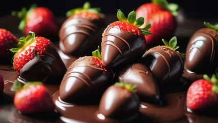 Fototapeten Photo Of Fresh Strawberries Covered In Chocolate Concept, Romantic Snack, A Date, Fruits Covered With Cocoa And Multicolored Glaze. © Pixel Matrix