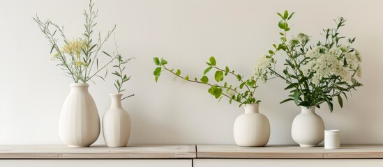 three white vases filled with flowers are sitting on a table . High quality