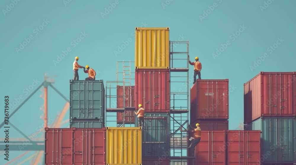 Poster a team of workers carefully stacking containers in a designated area as per regulations for safe sto