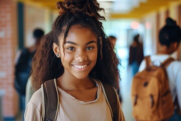 A happy student with a backpack smiles in a school hallway showing confidence and friendliness towards the camera - obrazy, fototapety, plakaty
