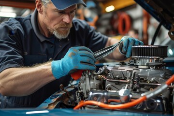 An experienced mechanic in blue overalls is focused on repairing a car engine with various tools in a workshop - obrazy, fototapety, plakaty