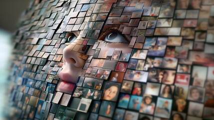 Child face emerges from a mosaic of varied social media post images. Digital technology footprint concept