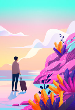 man traveler with luggage standing on tropical beach summer vacation time to travel concept seascape background vertical