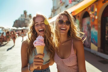 Two joyful young women laugh as they hold ice cream cones, basking in the midday sun in a busy beach setting