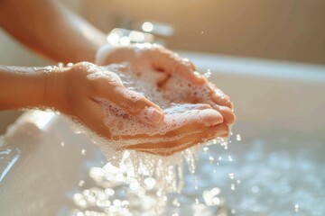 A hygiene routine captured up close showing hands washing with soap and water with sunlight enhancing the image