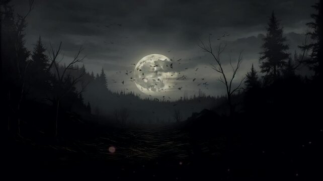 Horror scene in the forest and foggy, 4k animated virtual repeating seamless	