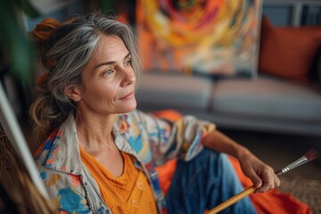 Obraz premium An older female painter looks thoughtful, surrounded by colorful artwork in her creative space