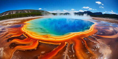 panorama of the river, The grand prismatic spring yellowstone national park wyoming Created with Generative AI technology, Araffes in a colorful pool of water with a sky background Generative AI - obrazy, fototapety, plakaty