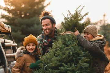 A family happily selects a Christmas tree, signifying a festive tradition and joyful times