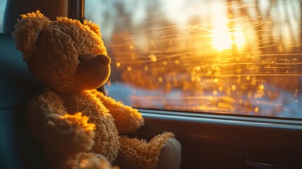 Golden hour warmth surrounds a cuddly teddy bear on a car journey, evoking childhood nostalgia - obrazy, fototapety, plakaty