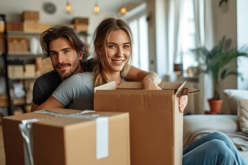 Two joyful partners unpacking and enjoying their new home with open boxes around them