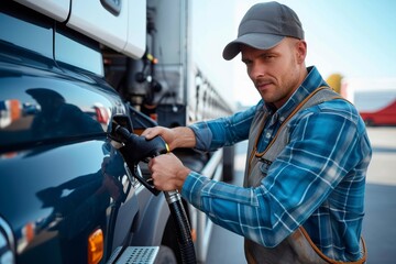 A concentrated male truck driver refueling his semi-truck at a gas station - obrazy, fototapety, plakaty