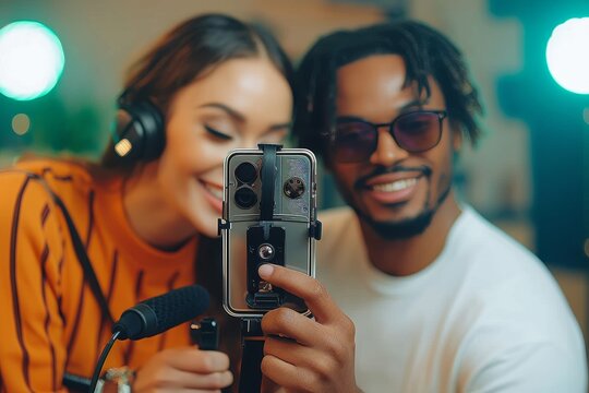 A young couple vlogging together using a microphone attached to a compact camera
