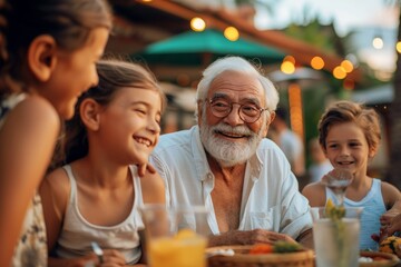 A joyful elderly man shares a meal with his young grandchildren at an outdoor table - obrazy, fototapety, plakaty