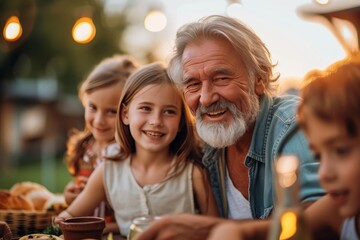 Happy elderly man with a bright smile sitting at a dinner table with his loving grandchildren - obrazy, fototapety, plakaty