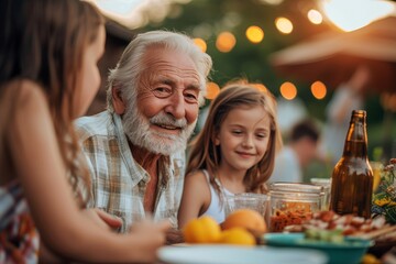 Smiling senior man at a table with his laughing grandchildren enjoying a family meal outdoor