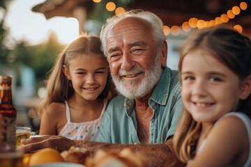 An elderly gentleman enjoys a moment with two young girls possibly his grandchildren, sharing a bond