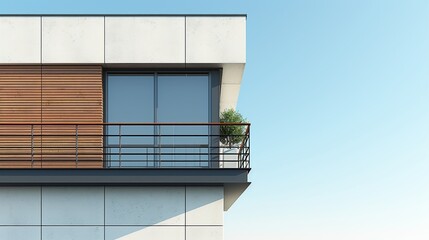 Modern urban balcony with a minimalist black railing and potted green plants - obrazy, fototapety, plakaty