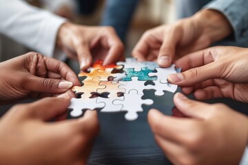 A close-up of diverse hands coming together to connect jigsaw puzzle pieces symbolizing teamwork and unity
